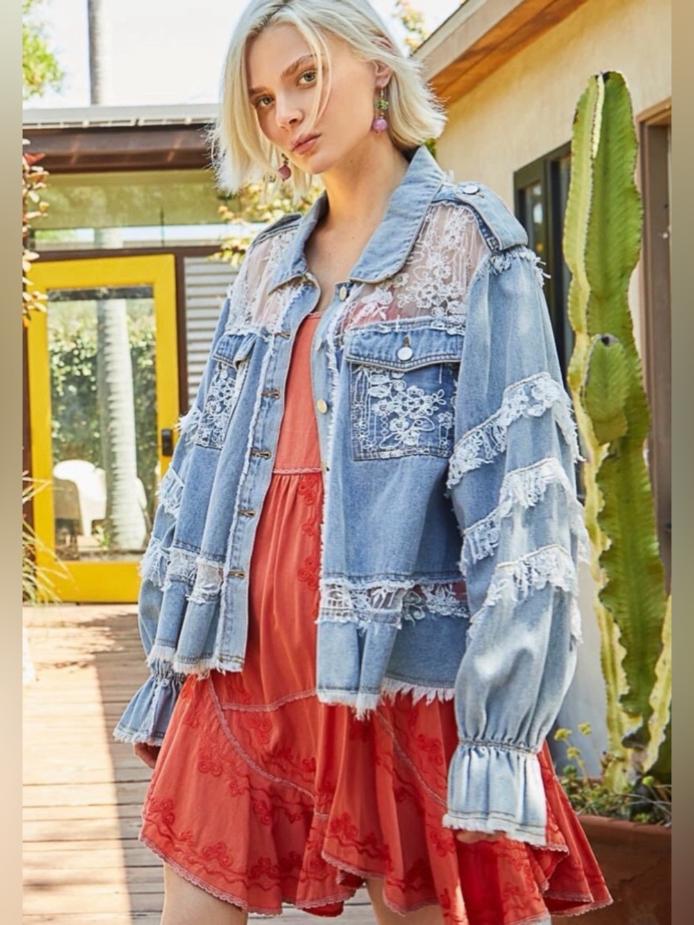 POL Embroidered Denim & Lace Jacket - Small